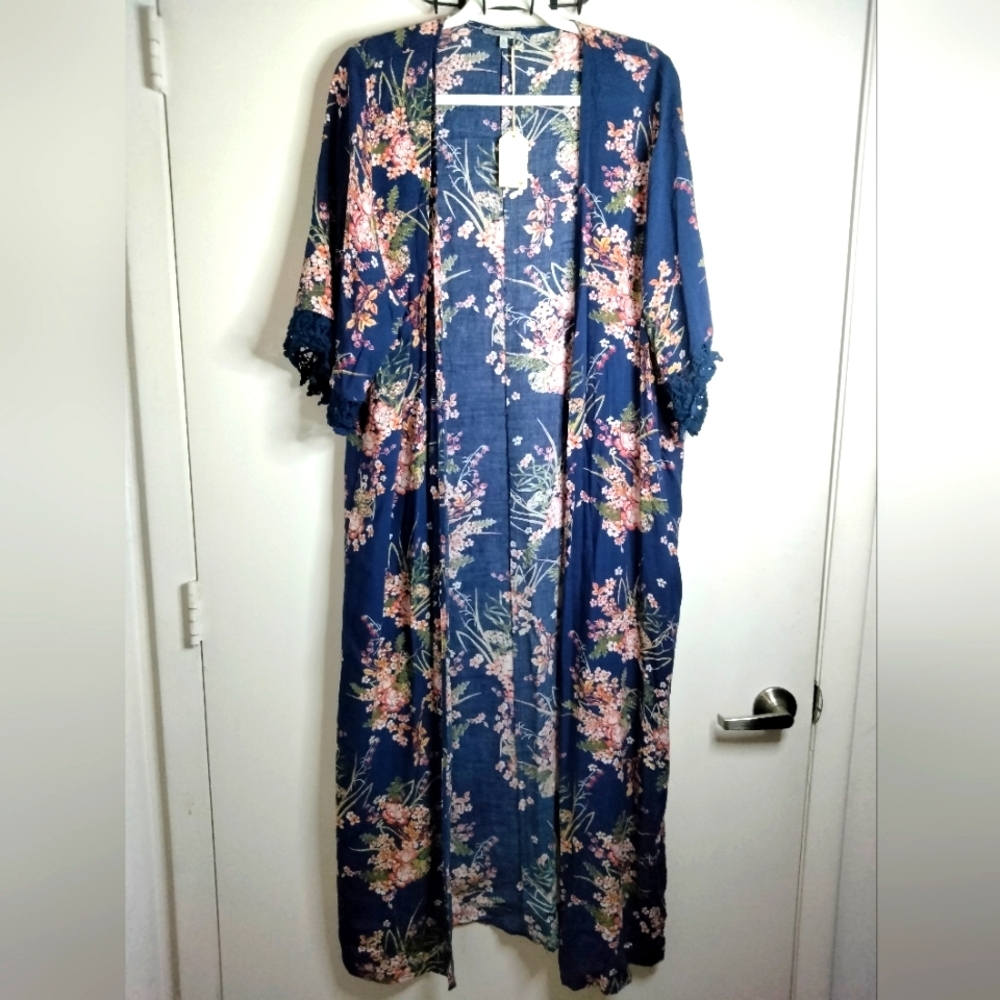 JODIFL (Size M) Multicolored Floral Crochet Lace Cuff Open Maxi Duster (NEW-NWT)